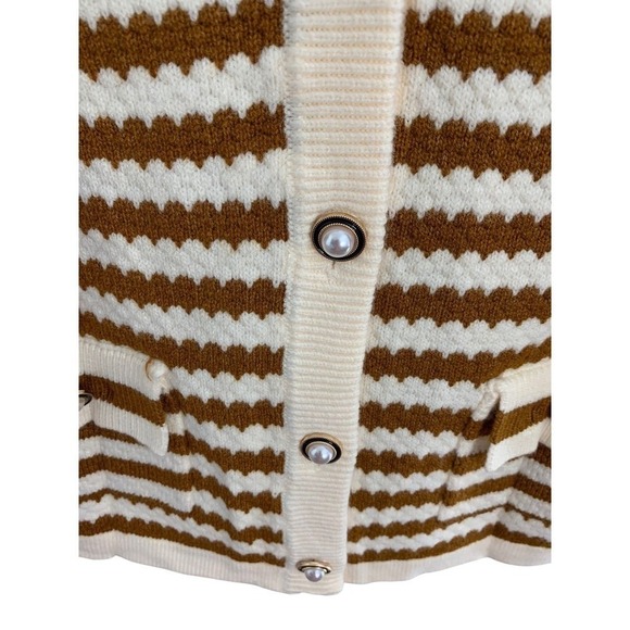 Boutique Cardigan Sweater Small Brown Stripe Pearl Button Pockets - Picture 3 of 5